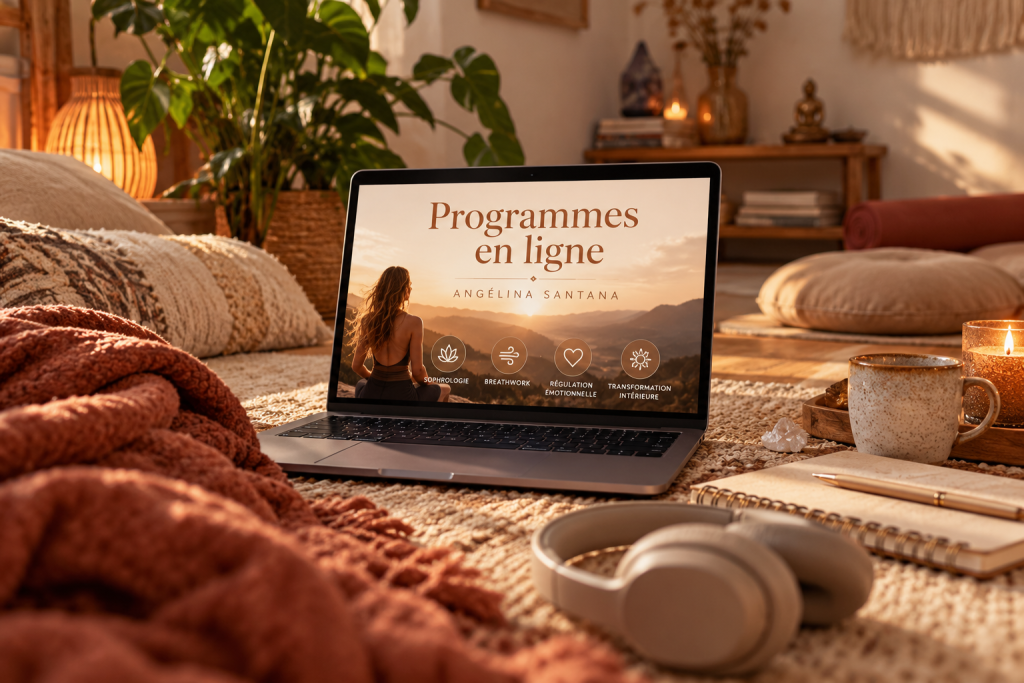 Ordinateur présentant les programmes en ligne d'Angélina Santana, dans un espace cocooning avec tapis, couverture, plante et casque audio.